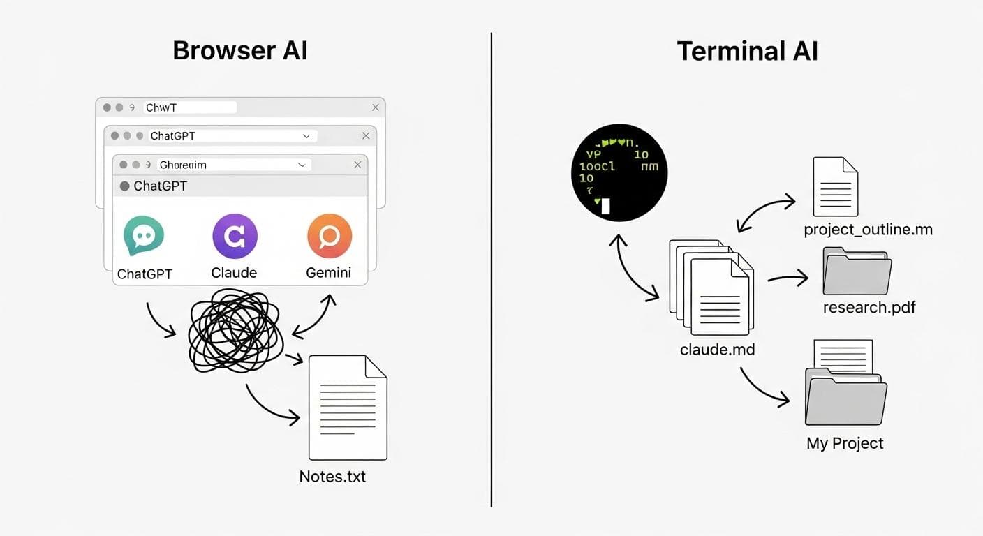 A clean infographic comparing the chaotic, multi-tab browser AI workflow to the organized, single-folder terminal AI workflow.