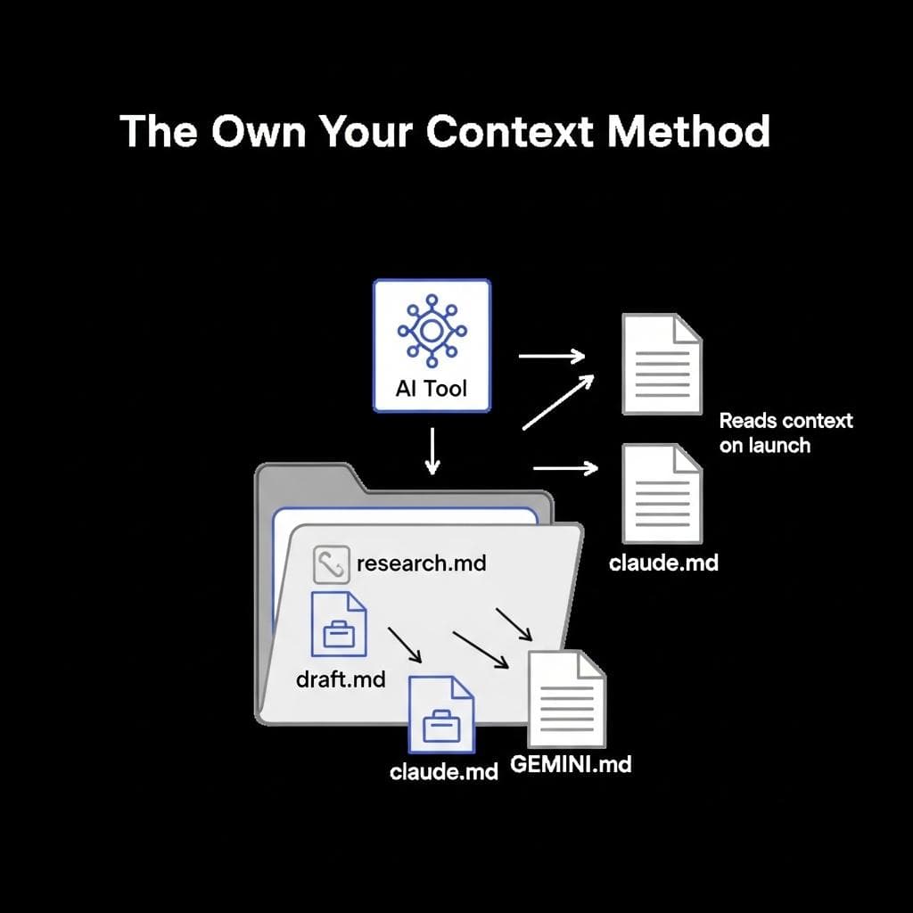 A simple diagram illustrating the 'Own Your Context' method, showing a central project folder with arrows pointing from AI tools to shared context files like claude.md and gemini.md.