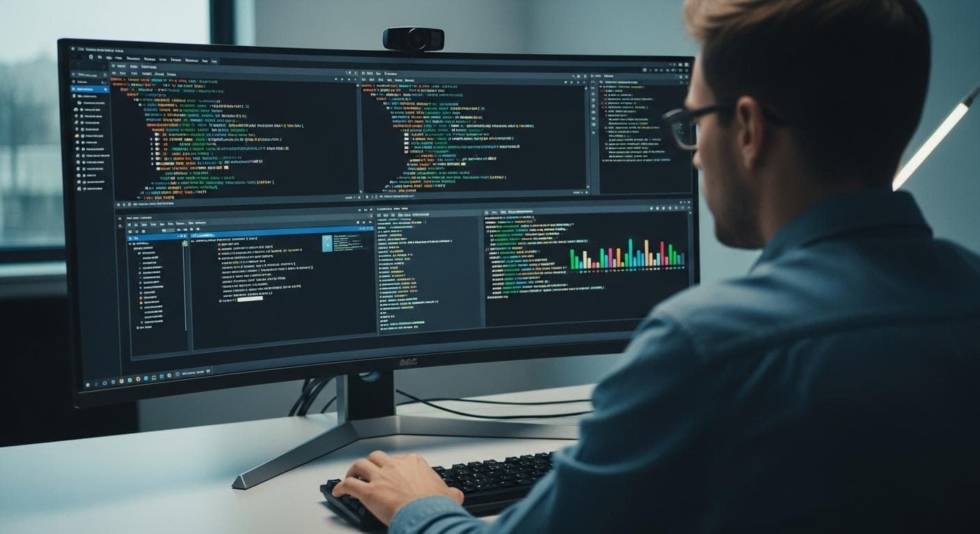 A conceptual shot from behind a knowledge worker at a large monitor, displaying multiple focused terminal windows, illustrating productivity and control.