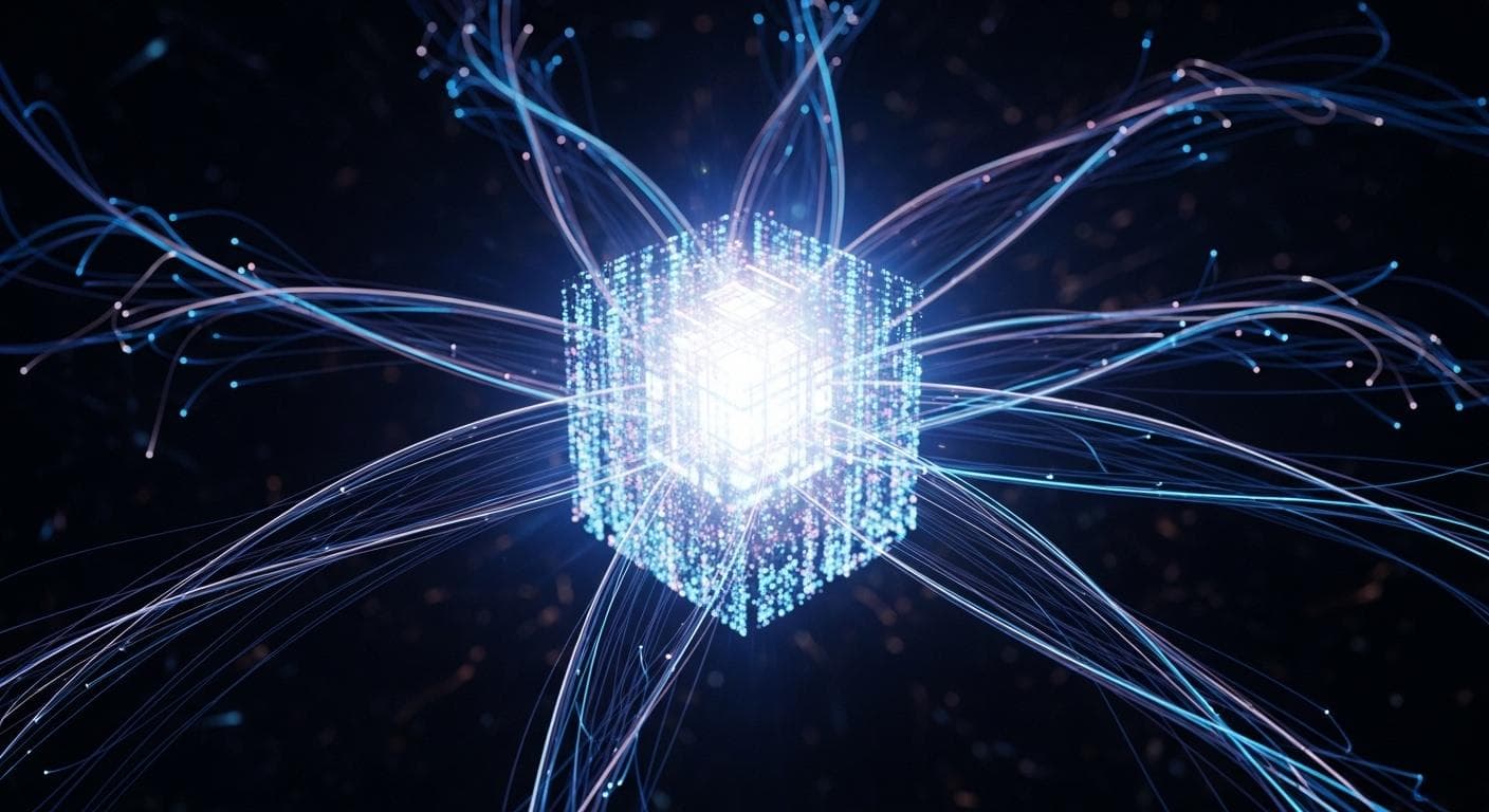 An artistic visualization of multiple AI agents, depicted as glowing threads of light, working in parallel on a central data core representing the project files.