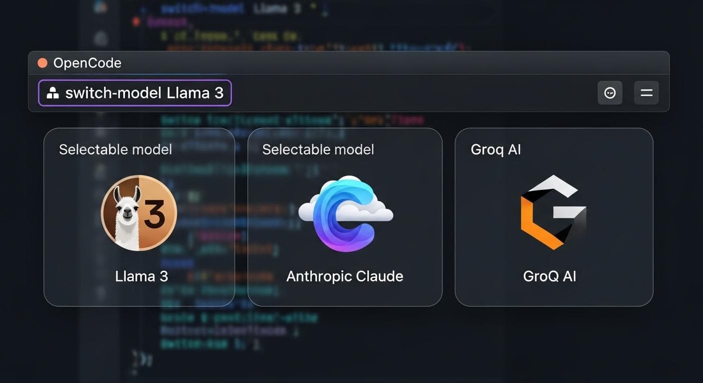 A modern, clean representation of the OpenCode interface, highlighting its capability to switch between local Llama 3 models and cloud-based Claude and Grok models.