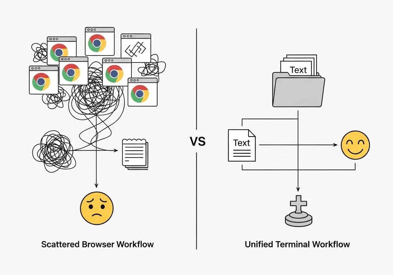 A diagram comparing the messy, multi-tabbed 'Scattered Browser Workflow' with the clean, single-folder 'Unified Terminal Workflow', showing a clear path from chaos to order.