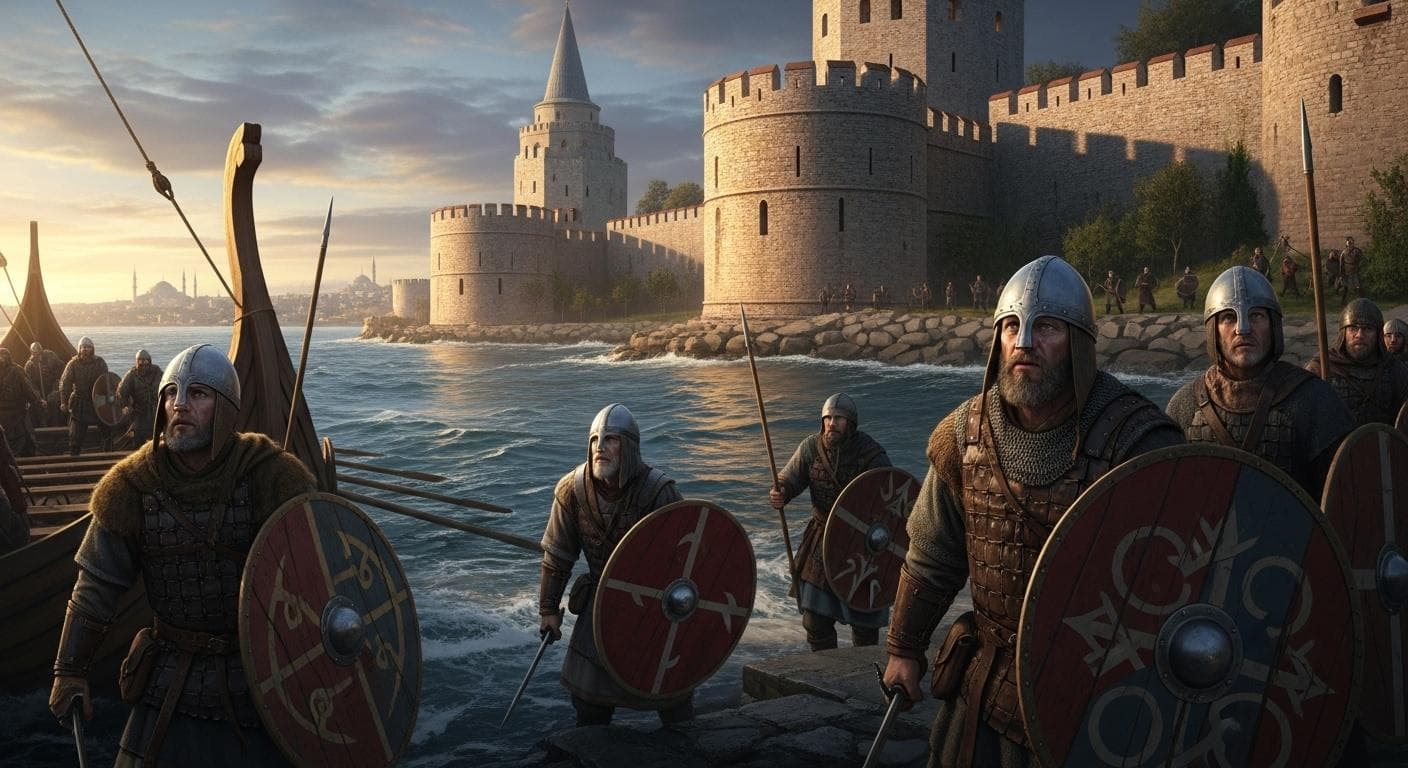 A group of weary but determined Anglo-Saxon warriors arriving by longship at the sea walls of Constantinople after the Norman Conquest.