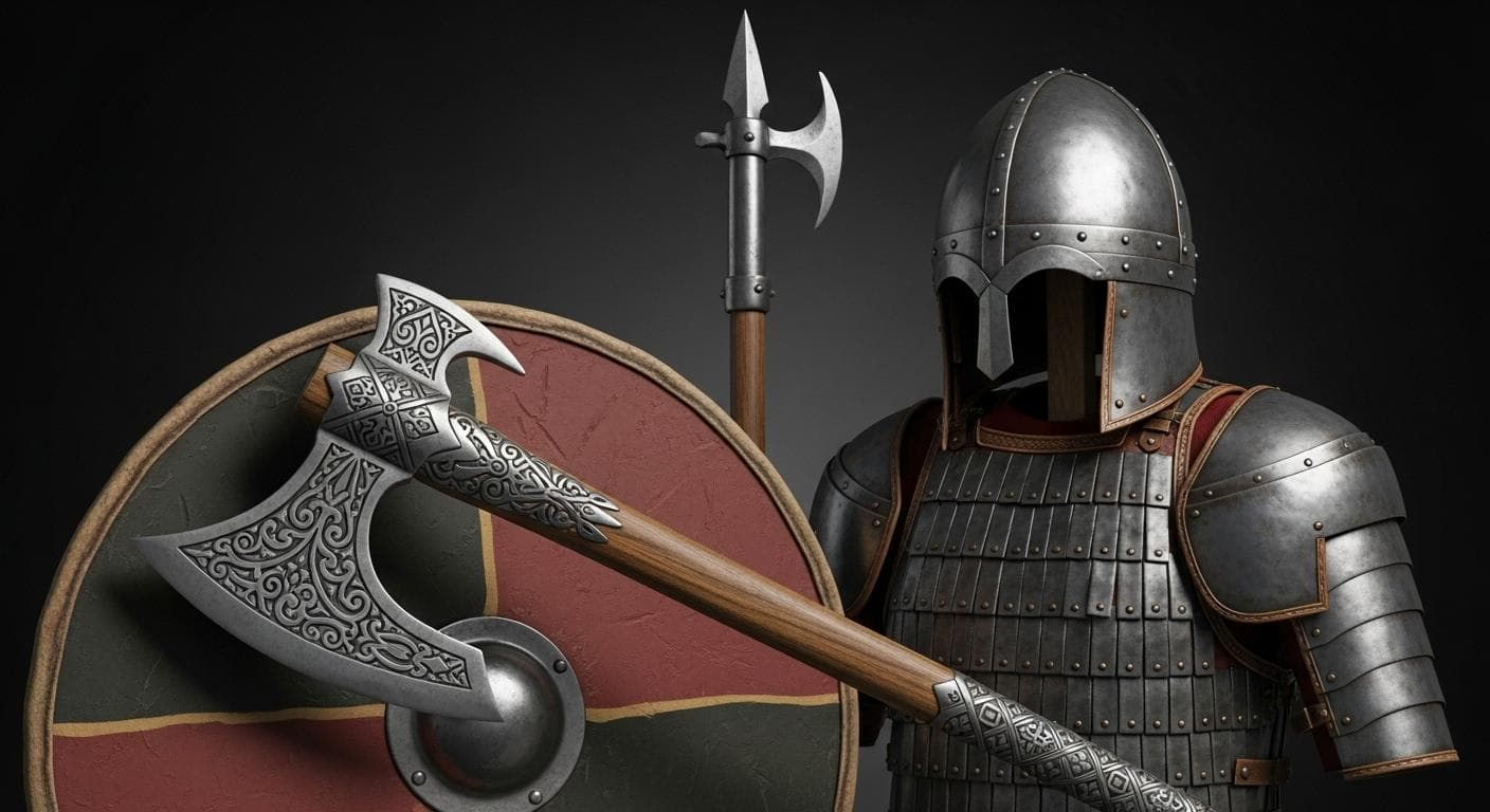 A detailed illustration of a massive, ornate Danish battle axe leaning against a round shield, with a Byzantine helmet and lamellar armor in the background.
