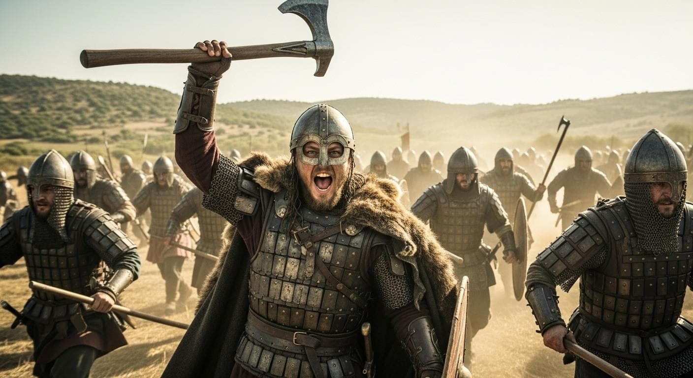 A cinematic scene of a young, powerful Harald Hardrada leading a charge of Varangian Guards in a sun-drenched landscape, his battle axe raised high.