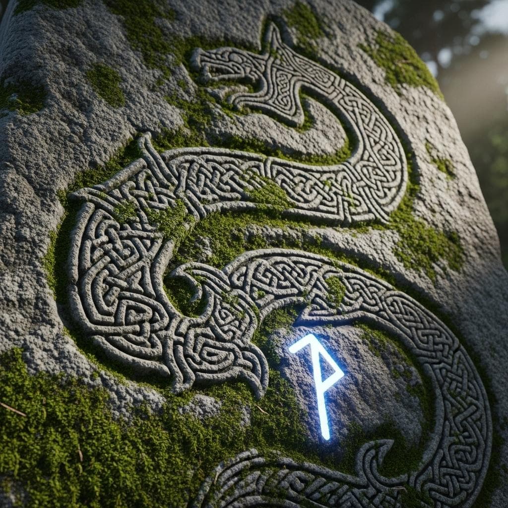 A close-up artistic rendering of an ancient, weathered runestone with intricate Norse carvings, with a single rune glowing faintly.