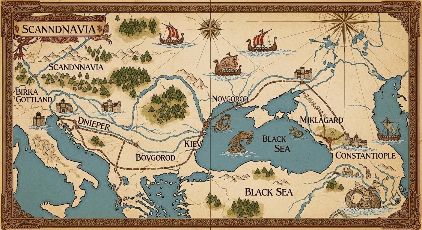 A stylized, antique-style map showing the river routes from Scandinavia down the Dnieper river, through the lands of the Kievan Rus', and across the Black Sea to Constantinople.