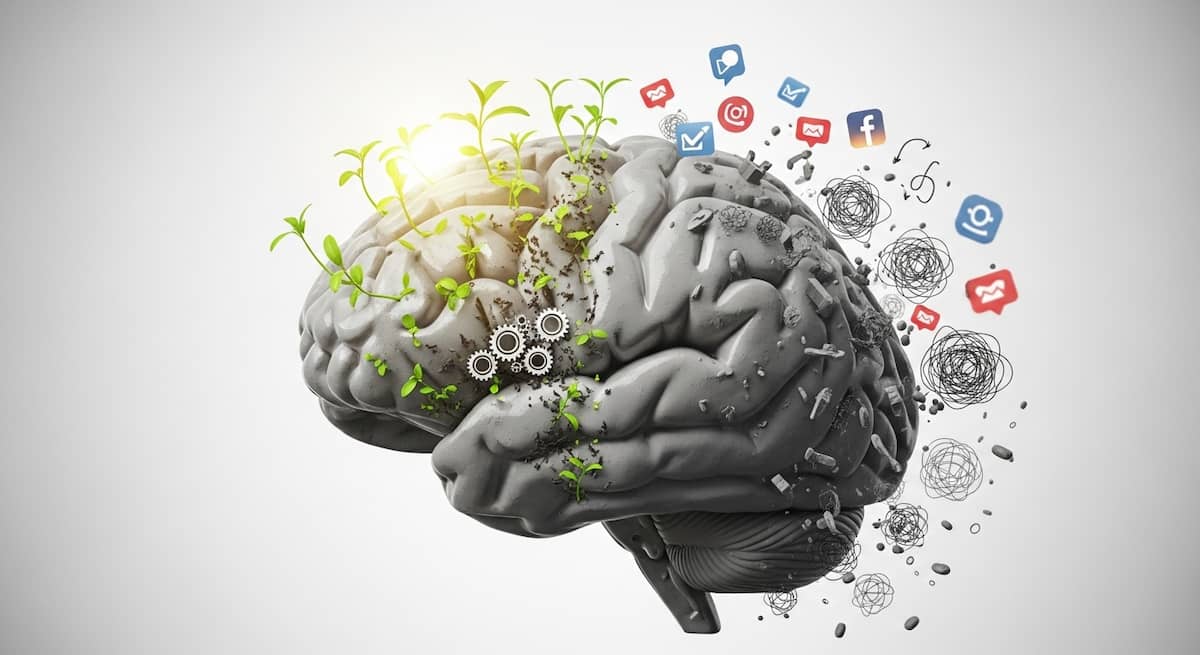 An abstract image representing a brain in wet cement mode, with clear growth symbols settling in and blurry distraction symbols dissipating.