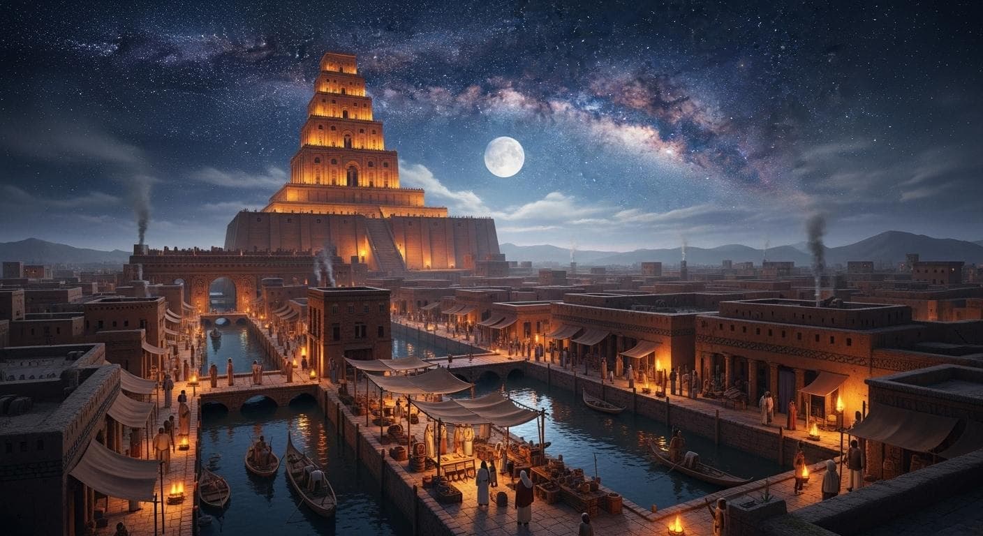 A majestic artistic rendering of the towering ziggurats and bustling streets of the ancient city of Ur under a brilliant, starry Mesopotamian night sky.