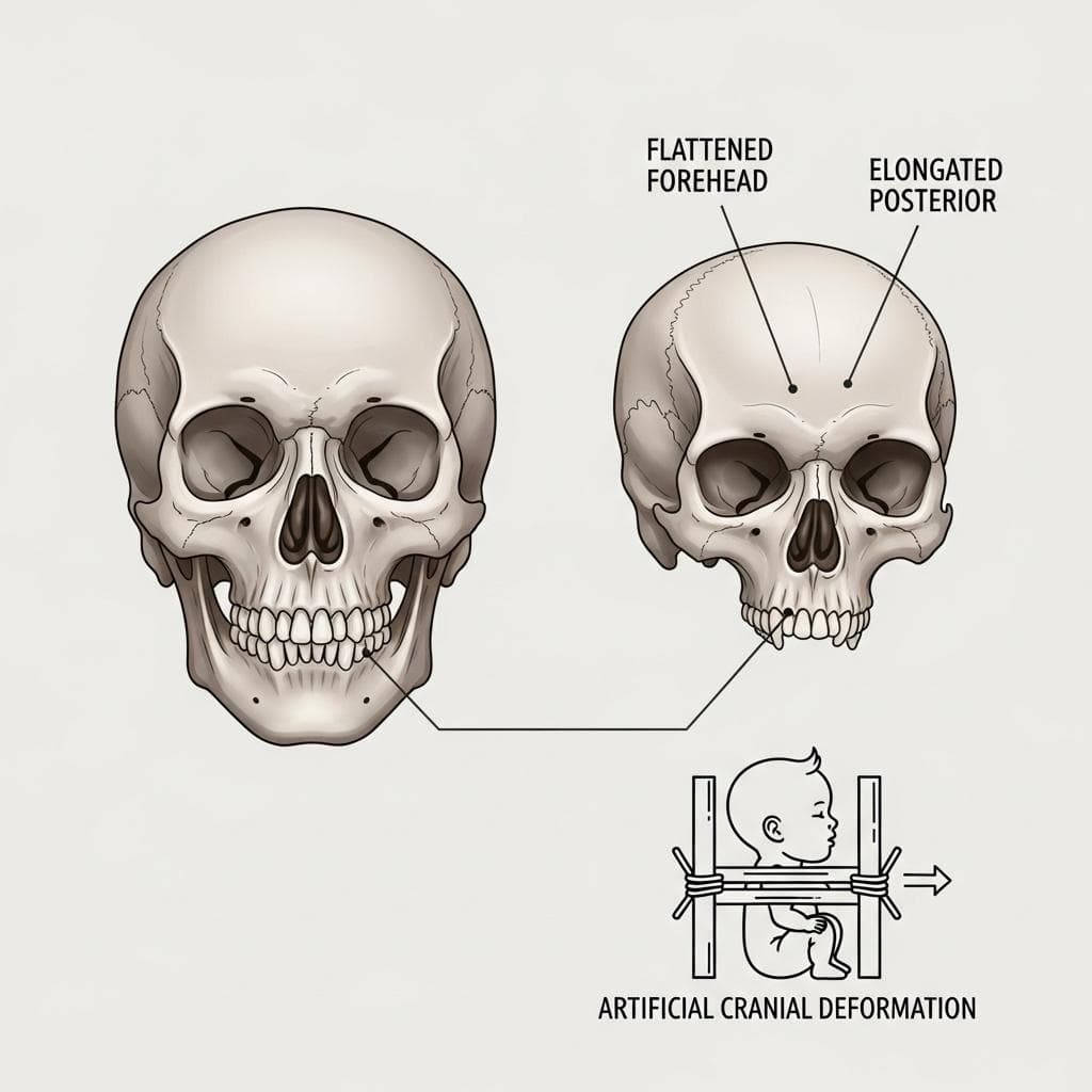 An infographic diagram comparing a normal human skull side-by-side with an elongated Paracas skull, with callouts illustrating the process of artificial cranial deformation using boards and bindings.