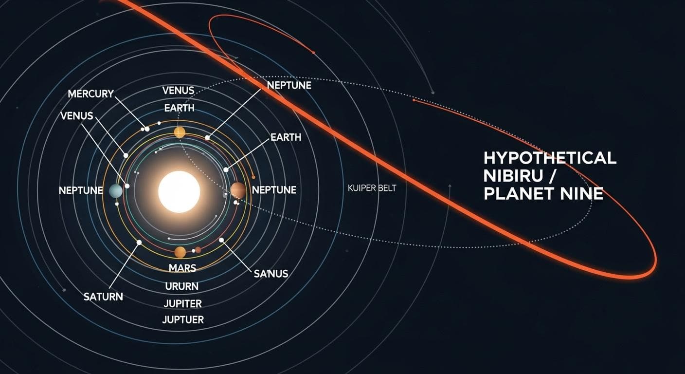 A clean, minimalist infographic showing the orbits of the planets in our solar system, with a bright, highly elliptical orbit labeled 'Hypothetical Nibiru / Planet Nine' swooping in from the outer darkness, crossing the Kuiper Belt. Style is educational and clear, like a modern science diagram.