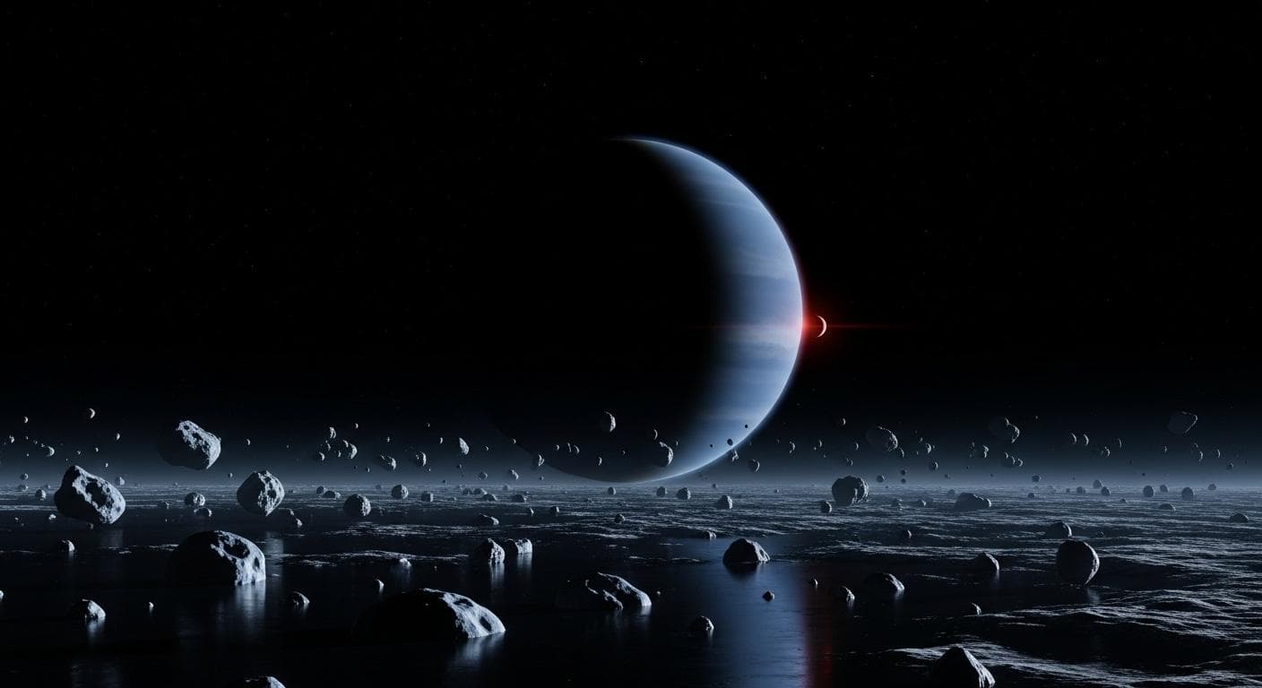 An artist's conception of the real, hypothetical Planet Nine. It is depicted as a dark, icy, Neptune-sized gas giant, faintly illuminated by the distant sun, lurking in the blackness of the Kuiper Belt among scattered ice and rock. The style is realistic, scientific, and conveys a sense of immense distance and cold.