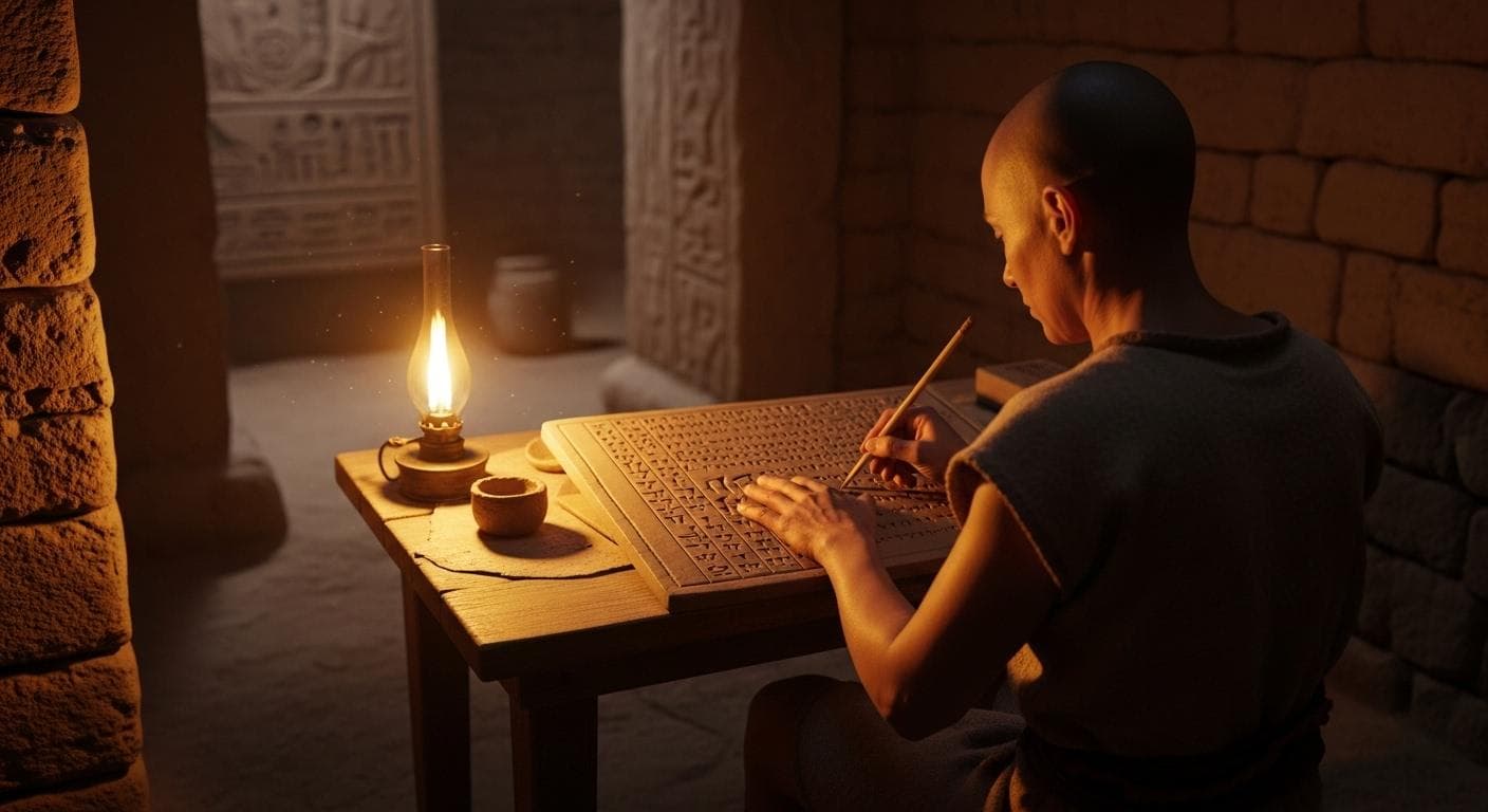 A conceptual image of Sumerian scribes carving intricate cuneiform symbols onto wet clay tablets inside a ziggurat chamber, illuminated by oil lamps.