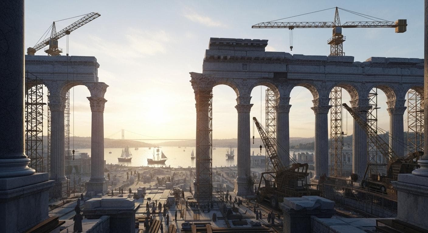 A grand vision of the city of Constantinople under construction, with monumental classical architecture surrounded by scaffolding, overlooking the strategic Bosphorus strait at sunrise.
