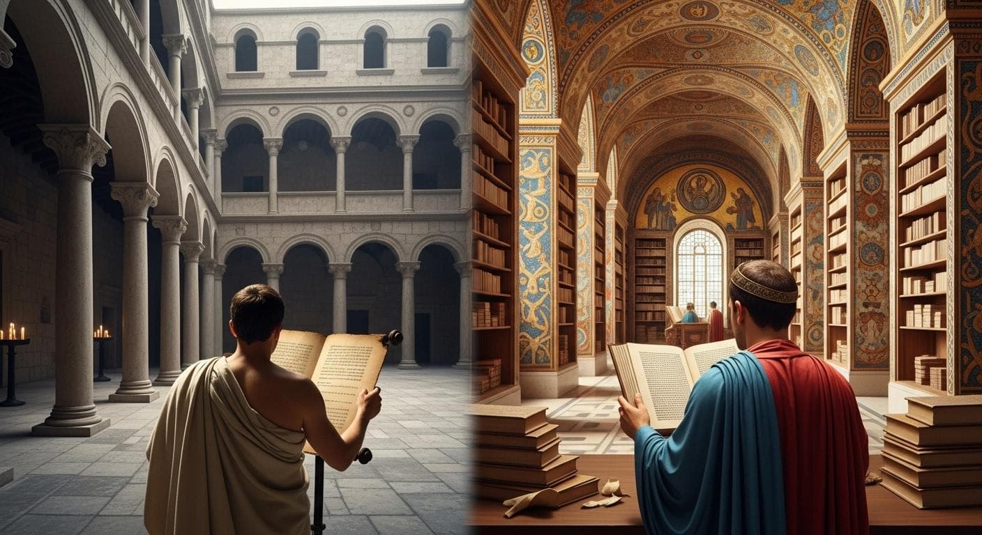 A split-screen image conceptually showing the cultural divide: on the left, a figure in a Roman toga studies Latin scrolls in a classic marble atrium; on the right, a Byzantine scholar in ornate silk robes examines Greek texts in an Eastern-style library.