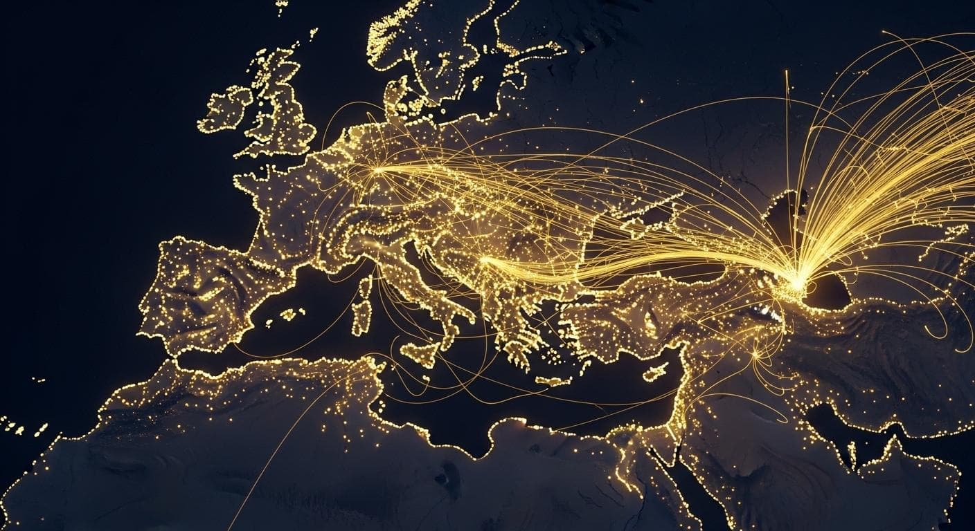 An economic map of the late Roman Empire, where glowing lines of trade and wealth converge brightly on Constantinople and the Eastern Mediterranean, while the Western regions appear dimmer with sparse connections, illustrating the economic divide.