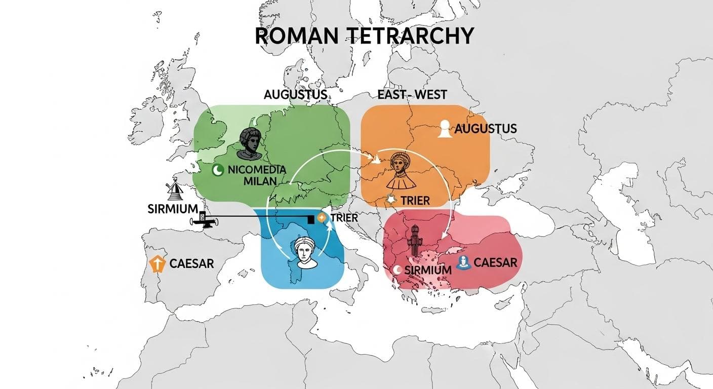 A diagram showing the Roman Empire divided into four administrative quadrants, representing the Tetrarchy. Each section is a different color, with lines indicating the division between the two Augusti and two Caesars.