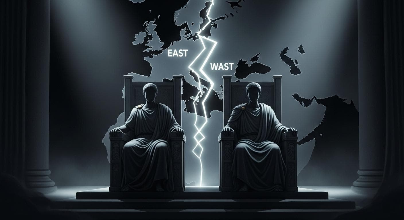 Two shadowy figures representing Arcadius and Honorius sit on separate thrones, back-to-back, as a map of the Roman Empire cracks and separates behind them, symbolizing the final division.