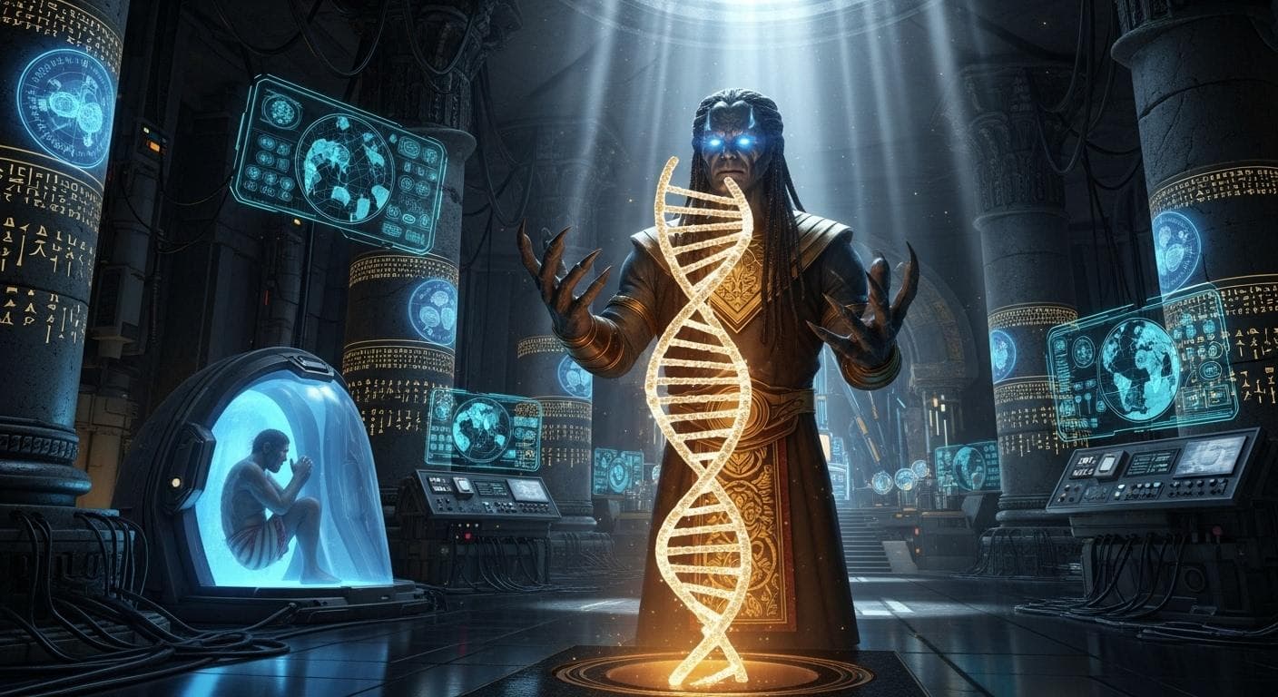An awe-inspiring, cinematic scene inside a futuristic yet ancient-themed laboratory. A towering Anunnaki scientist, bathed in soft light, looks at a glowing strand of DNA hovering between his hands. In the background, a primitive human figure is seen in a stasis pod, representing the moment of humanity's genetic creation.