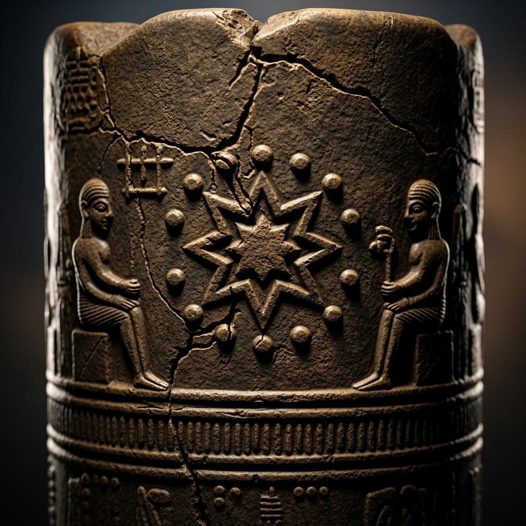 A detailed, artistic rendering of the Sumerian cylinder seal VA 243. The image is a close-up focusing on the central star-like symbol surrounded by eleven smaller dots, with stylized figures seated nearby. The seal appears ancient, made of dark stone, with visible cracks and texture.