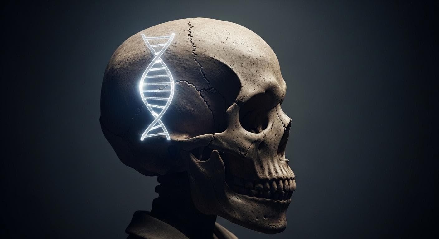 A mysterious and artistic close-up of an ancient, elongated skull, like the Paracas skulls, shown in profile against a dark, moody background. A faintly glowing, stylized DNA helix is overlaid on the skull, symbolizing the genetic questions and mysteries surrounding its origins.