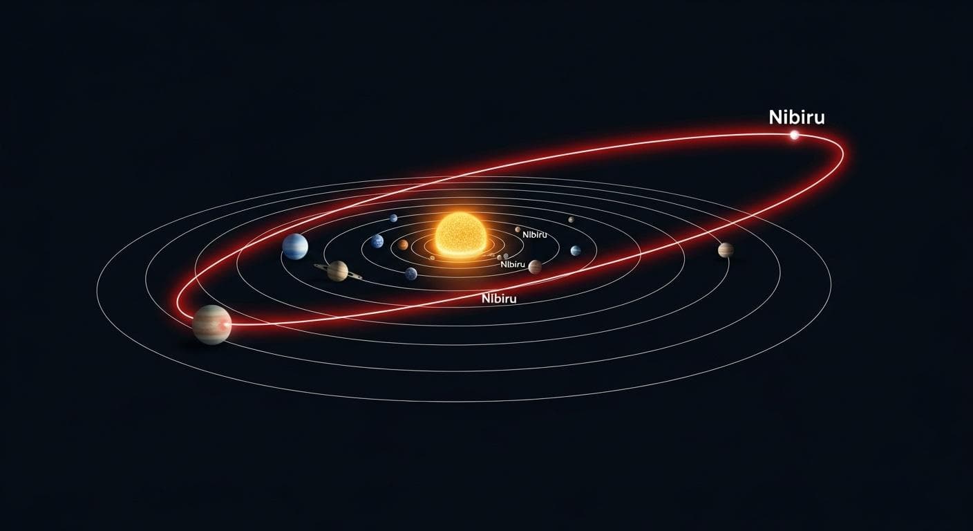 A clean, modern infographic diagram inspired by Zechariah Sitchin's theory. It shows our solar system with the sun at the center and the known planets orbiting it in concentric circles. A large, dramatic, glowing red elliptical orbit is overlaid, showing a 12th planet labeled 'Nibiru' on its long journey from the outer solar system towards Earth.