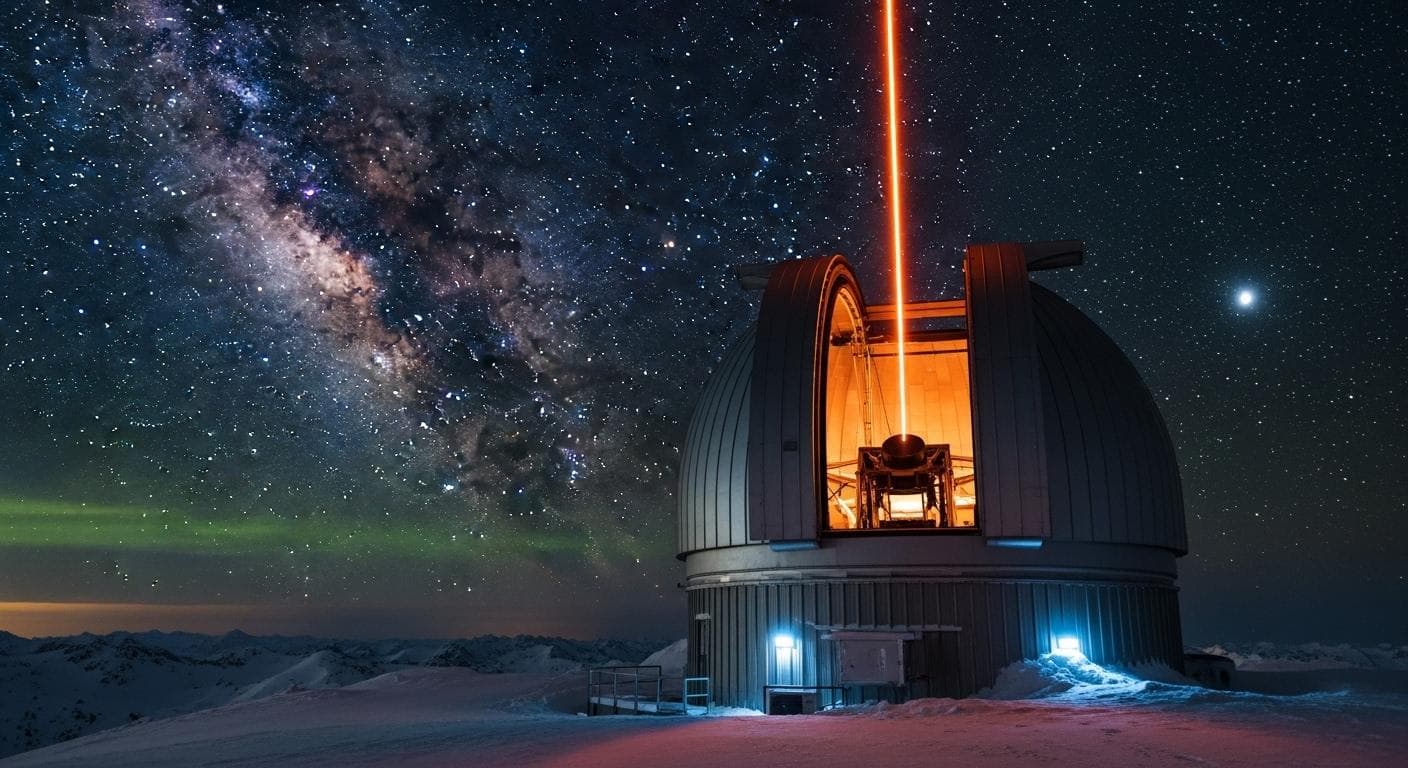 A modern astronomical observatory dome on a remote, snowy mountaintop at night. The slit in the dome is open, and a powerful adaptive optics laser shoots a brilliant orange beam into the crystal-clear, star-filled sky toward the Milky Way.