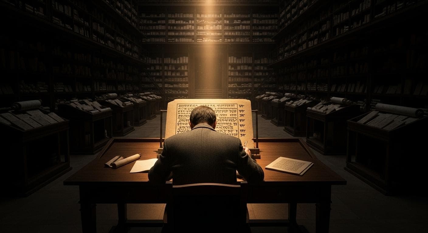 A conceptual photograph of a scholar, seen from behind in a vast, dimly lit library filled with ancient scrolls and cuneiform tablets. He is wearing tweed. A single beam of light illuminates one specific tablet on his desk, suggesting a moment of profound discovery.